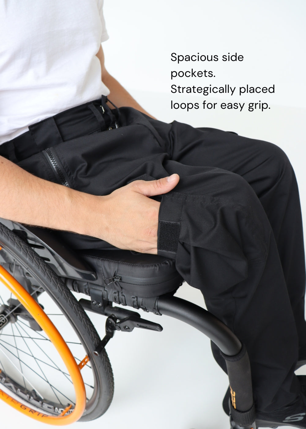 Men's cargo pants with side pockets, wheelchair adapted, black