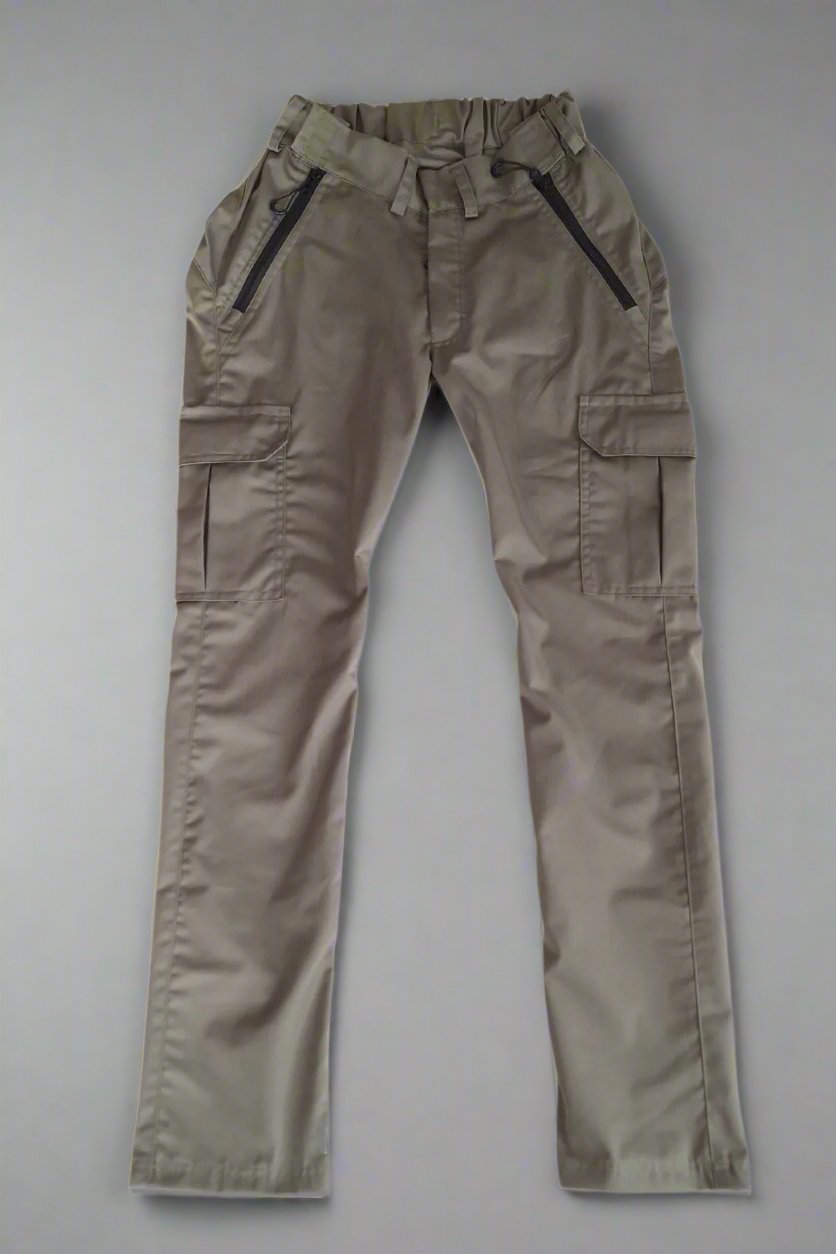 Wheelchair adaptive trousers in khaki colour lying flat on surface, front view